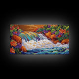Rainbow, Waterfall, Jungle, Sunset, Framed Canvas Print Tropical boho art, bathroom art, living room decor, floral nature painting