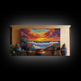 Sunset Ocean, Waves, Vibrant, Coastal Landscape Framed Canvas Print, Living Room Wall Art, Bold Color Art, Tropical Beach Sunset Decor