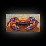 Crab Beach, Bold, Colorful, Coastal Sea Life Framed Canvas Print, Bathroom Wall Art, Nautical Art, Beach House Decor, Ocean Art