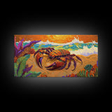 Lobster Beach, Vibrant, Framed Canvas Print, Nautical Coastal Art, Living Room Wall Decor, Tropical Lobster Painting, Bold Ocean Art
