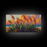 Coastal Sunset, Grasses, Canvas Print, Autumn Beach Landscape Art, Boho Living Room Wall Decor, Colorful Nature Painting