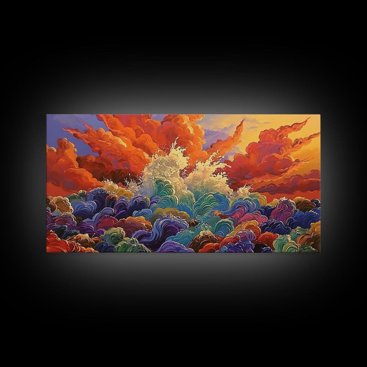 Waves Sunset, Abstract, Framed Canvas Print, Bold Ocean Explosion Art, Colorful Modern Wall Decor, Coastal Vibe Art Piece