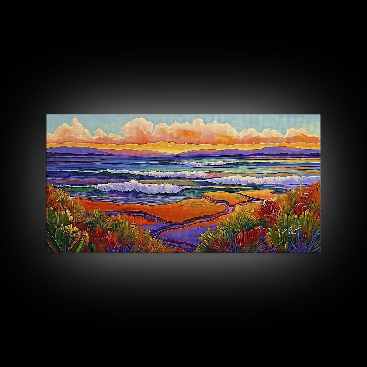 Sunset Ocean, Landscape, Canvas Print, Serene Seascape Painting, Colorful Beach Wall Art, Tranquil Nature Home Decor