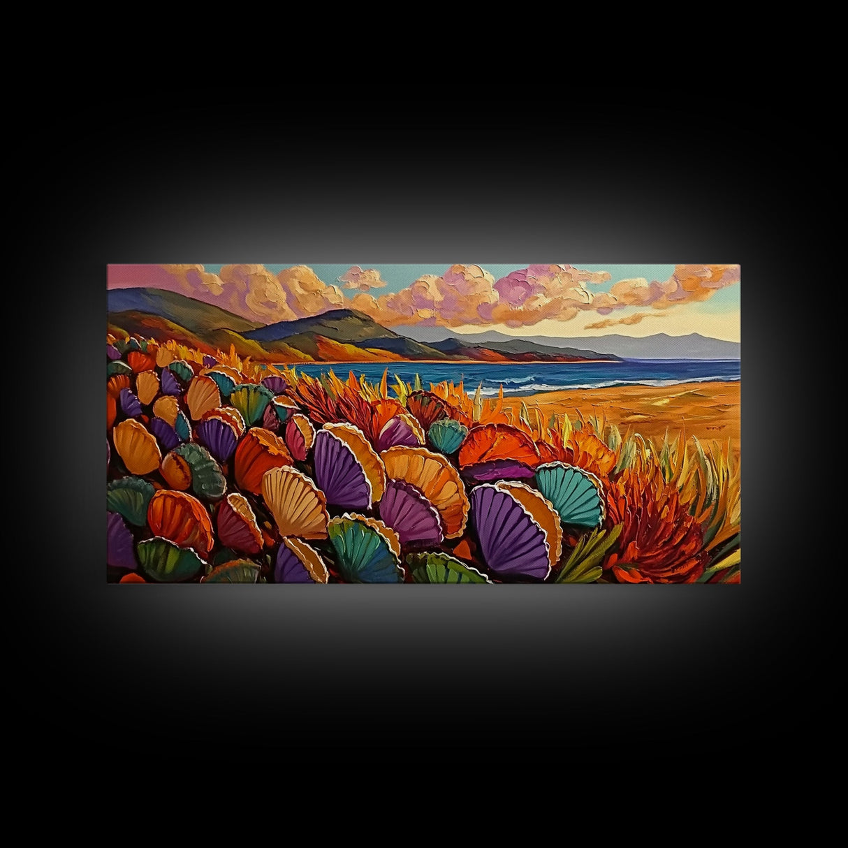 Beach Shells, Coastal, Colorful, Framed Canvas Print, tropical seashell wall art, beach boho decor, vibrant summer bathroom art
