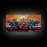 Mandala Sunset, Leaves, Ornament, Framed Canvas Print, spiritual boho wall decor, entryway wall art, zen home sacred symbol painting