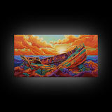 Shipwreck Sunset, Sea, Rustic, Framed Canvas Print, nautical fall coastal decor, beach cabin art, rustic ocean themed living room art
