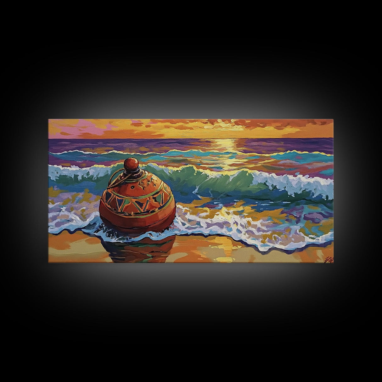 Buoy Shoreline, Sunset, Surf, Sunset Ocean Buoy Canvas Print, Coastal Wall Art, Nautical Theme Living Room, Bold Beach House Fall Decor