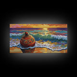 Buoy Shoreline, Sunset, Surf, Sunset Ocean Buoy Canvas Print, Coastal Wall Art, Nautical Theme Living Room, Bold Beach House Fall Decor