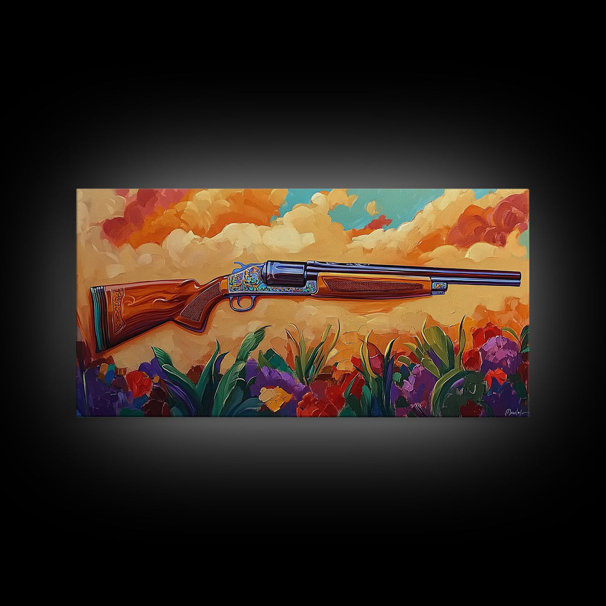 Shotgun Floral, Sunset, Western, Framed Canvas Print, rustic hunting cabin art, bold Americana decor, man cave or lodge wall print
