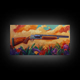 Shotgun Floral, Sunset, Western, Framed Canvas Print, rustic hunting cabin art, bold Americana decor, man cave or lodge wall print