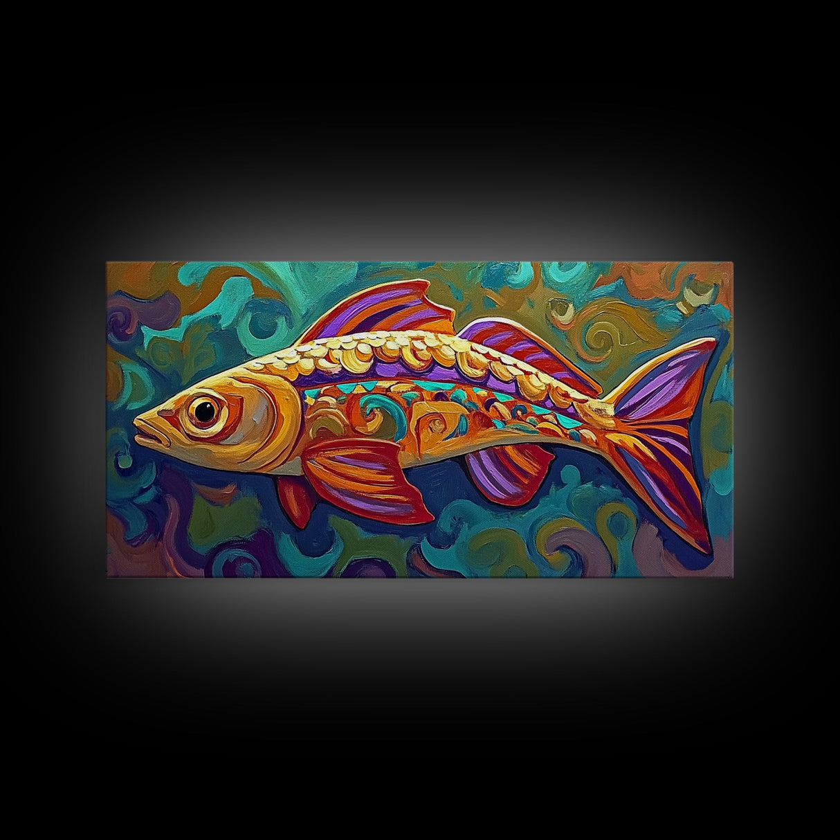 Colorful Fish, Wall, Art, Framed Canvas Print, Boho ocean wall decor, coastal bathroom wall art, whimsical undersea painting kitchen