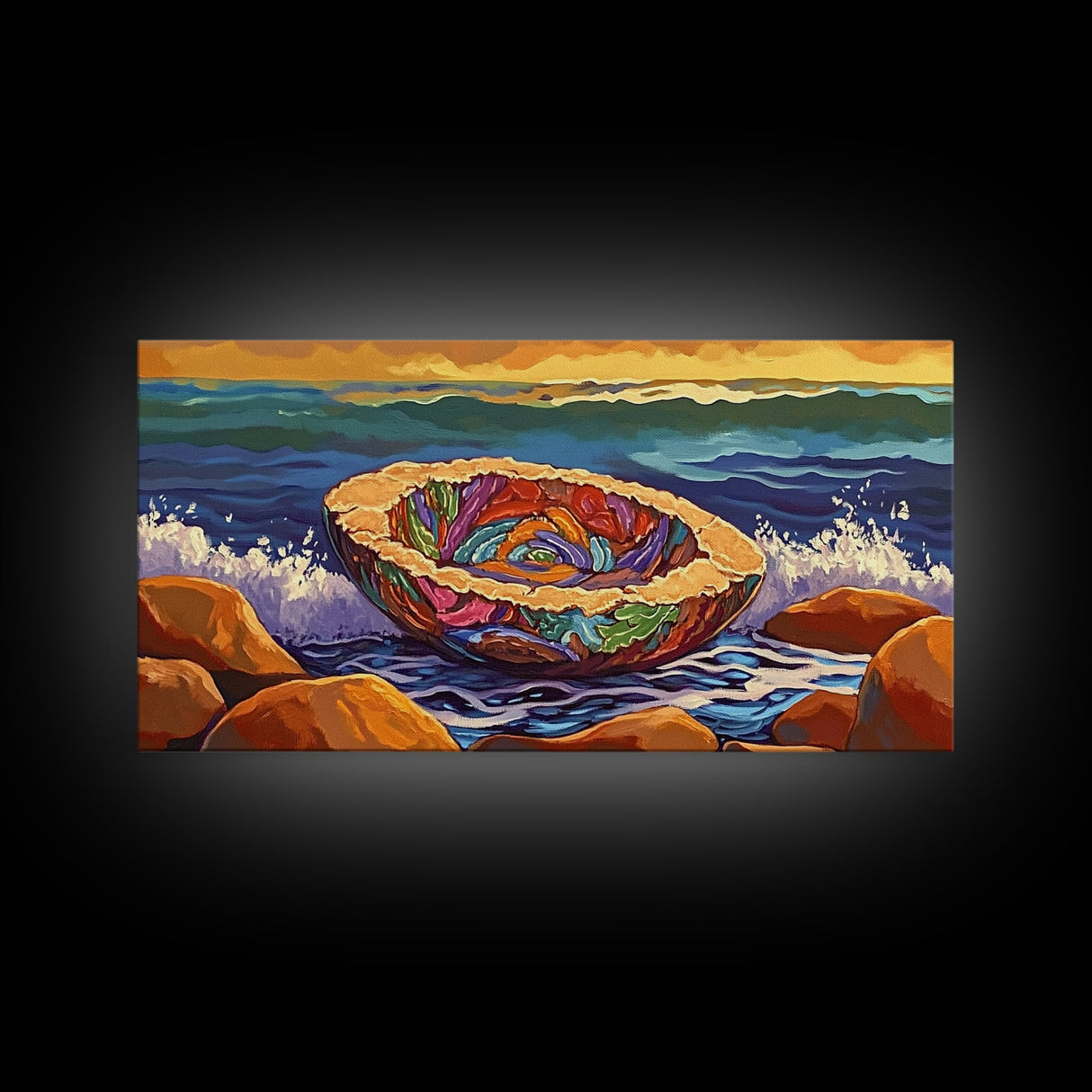 Pan Dulce, Ocean, Rocks, Sea, Canvas Print, Mexican sweet bread wall art, kitchen decor, dessert lover painting, bakery-inspired artwork