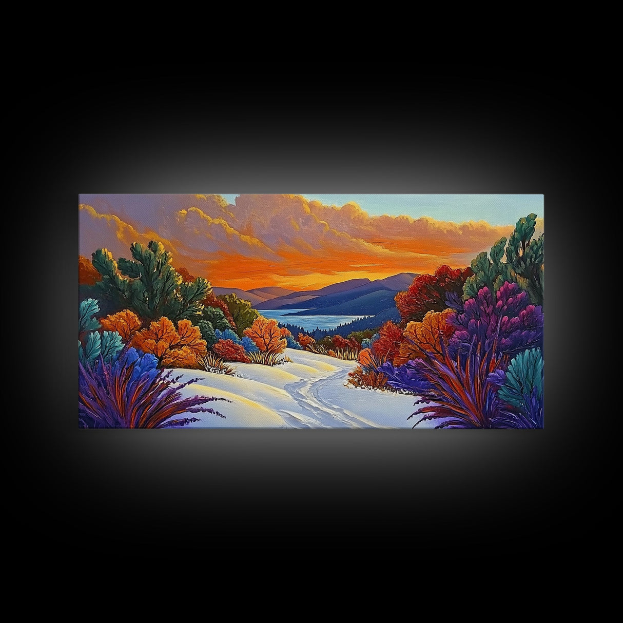 Winter Sunset, Lake, Trees, Framed Canvas Print, Autumn cabin wall art, colorful landscape living room decor, mountain snow painting