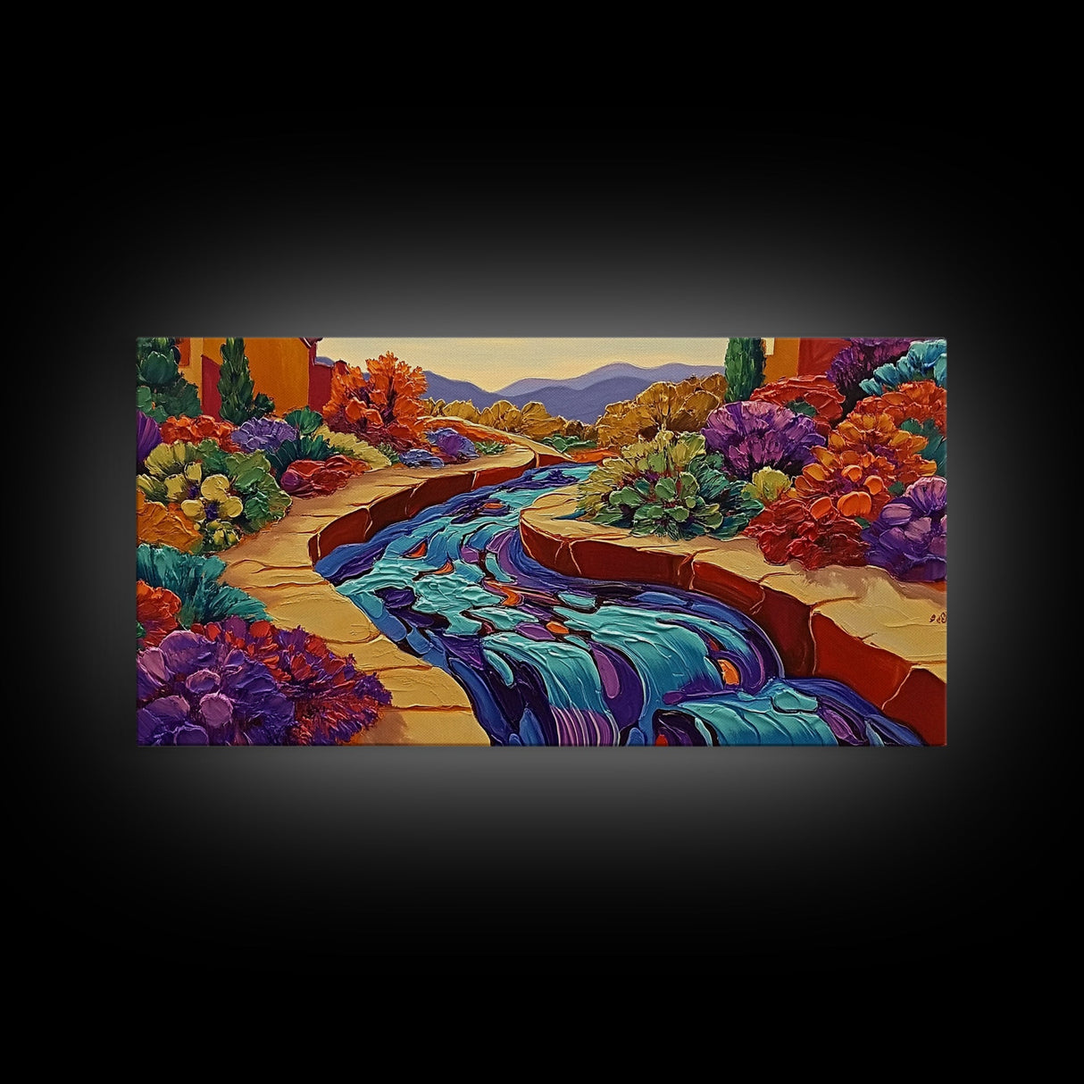 Stream Garden, Colorful, Path, Framed Canvas Print, Southwestern landscape art, bright garden painting, hallway decor, fall home vibe
