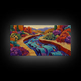 Stream Garden, Colorful, Path, Framed Canvas Print, Southwestern landscape art, bright garden painting, hallway decor, fall home vibe