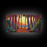 Trees Forest, Ocean, Sunset, Coastal Forest Path Framed Canvas Print, Nature Lover Wall Art, Cabin Decor, Fall Living Room Art