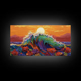 Sunset Wave, Floral, Ocean, Canvas Print, Tropical beach flower art, vibrant ocean wave decor, living room painting, sunset seascape