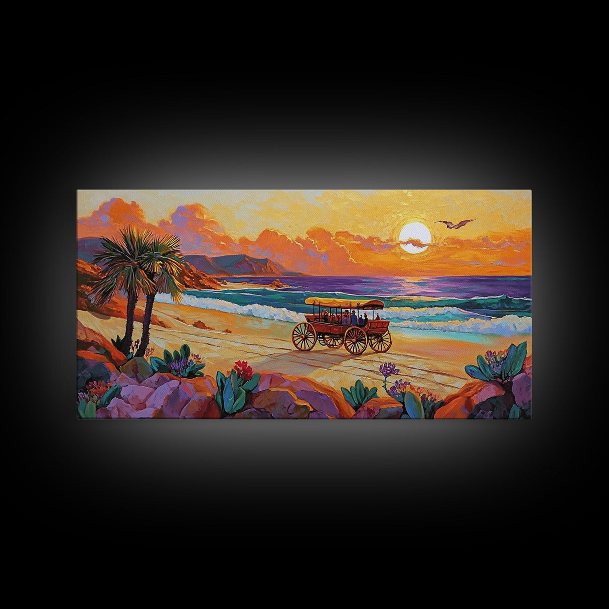 Horse Carriage, Sunset, Beach, Framed Canvas Print, coastal western art, rustic sunset scene, boho living room wall decor