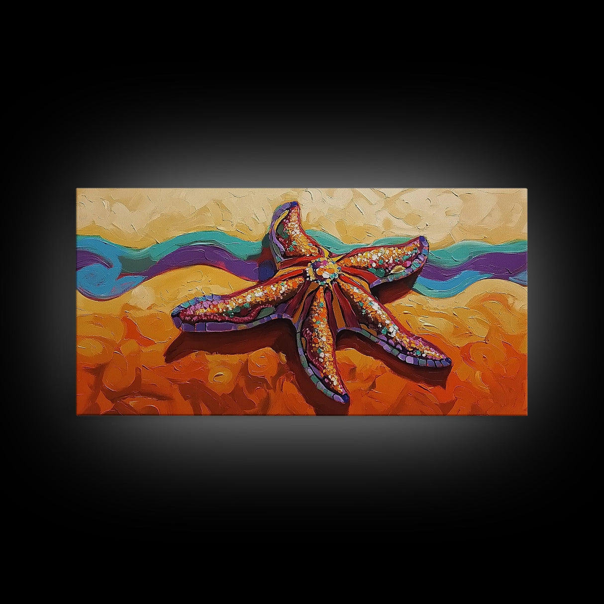 Starfish Beach, Colorful, Textured, Framed Canvas Print, coastal boho decor, ocean theme, beach house bathroom wall art