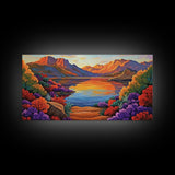 Lake Sunset, Desert, Mountains, Framed Canvas Print, colorful landscape wall decor, boho living room art, nature lovers gift