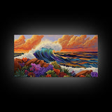 Ocean Wave, Flowers, Sunset, Framed Canvas Print, tropical seascape wall art, boho coastal decor, bathroomart, beach house piece