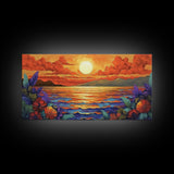 Flowers Sunset, Ocean View, Coastal Bloom, Framed Canvas Print, Vibrant Nature Art, Kitchen Wall Decor, Beach Garden Scene, Bold Colors