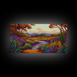 River Wildflowers, Autumn Trees, Mountain View, Framed Canvas Print, Fall Nature Art, Kitchen Wall Decor, Boho Landscape Painting