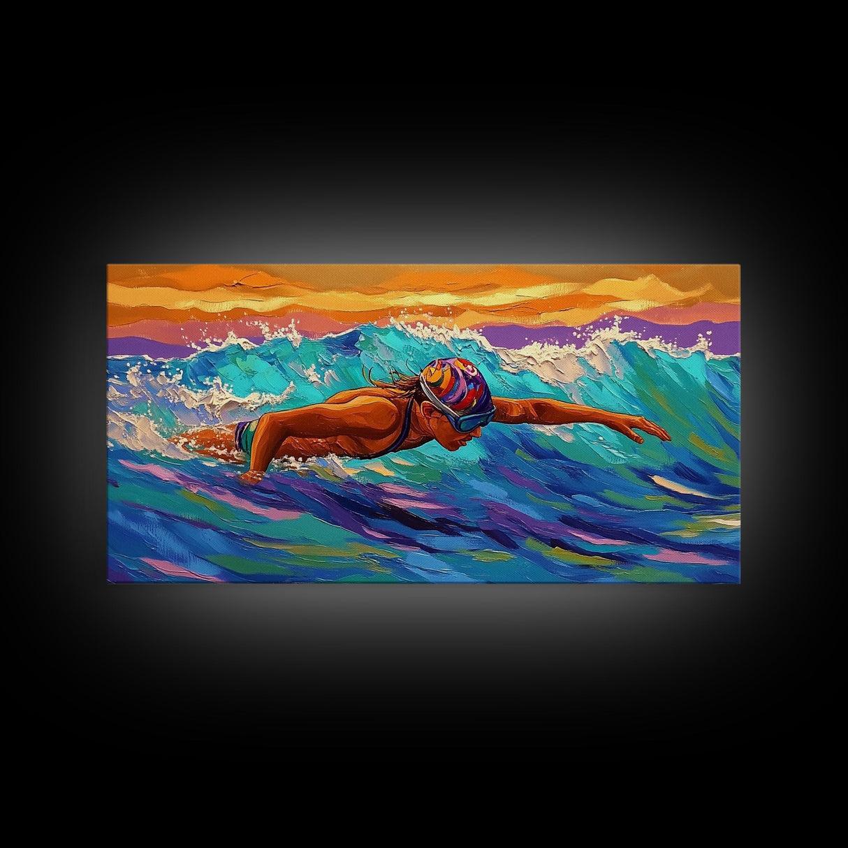 Swimmer Waves, Sunset, Athletic Art, Framed Canvas Print, Ocean Decor, Fitness Wall Art, Bedroom Inspiration, Bold Summer Style
