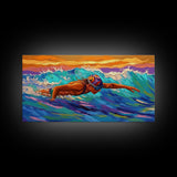 Swimmer Waves, Sunset, Athletic Art, Framed Canvas Print, Ocean Decor, Fitness Wall Art, Bedroom Inspiration, Bold Summer Style