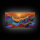 Ocean Abstract, Waves, Sunset, Framed Canvas Print, Surreal Coastal Art, Living Room Wall Decor, Fantasy Seascape, Boho Expressionist