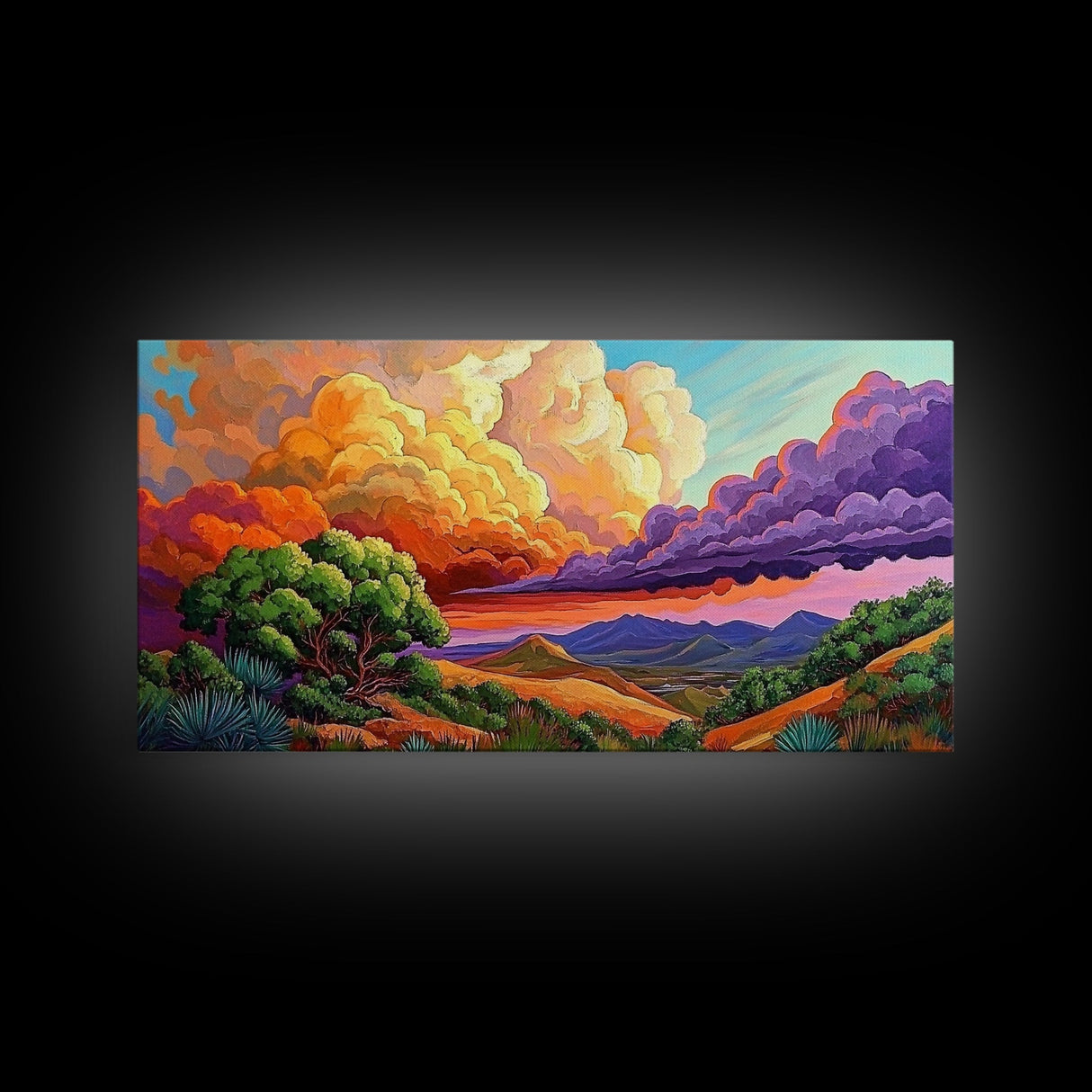 Desert Mountains, Sky, Sunset Clouds, Framed Canvas Print, Colorful Landscape Art, Office Wall Decor, Western Scenery, Autumn Vibes