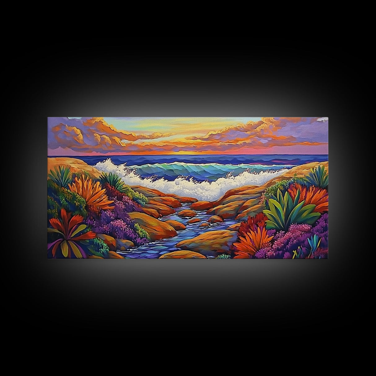 Sunset Ocean, Garden, View, Framed Canvas Print, coastal sunset wall art, tropical flowers, beach décor, boho landscape, living room