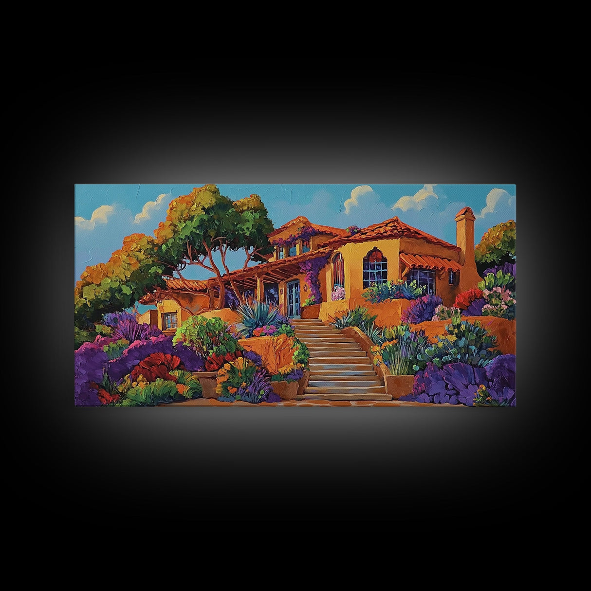 Villa Garden, Adobe, Colorful, Framed Canvas Print, vibrant Mexican villa wall art, blooming flowers, southwestern kitchen décor