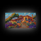 Villa Garden, Adobe, Colorful, Framed Canvas Print, vibrant Mexican villa wall art, blooming flowers, southwestern kitchen décor