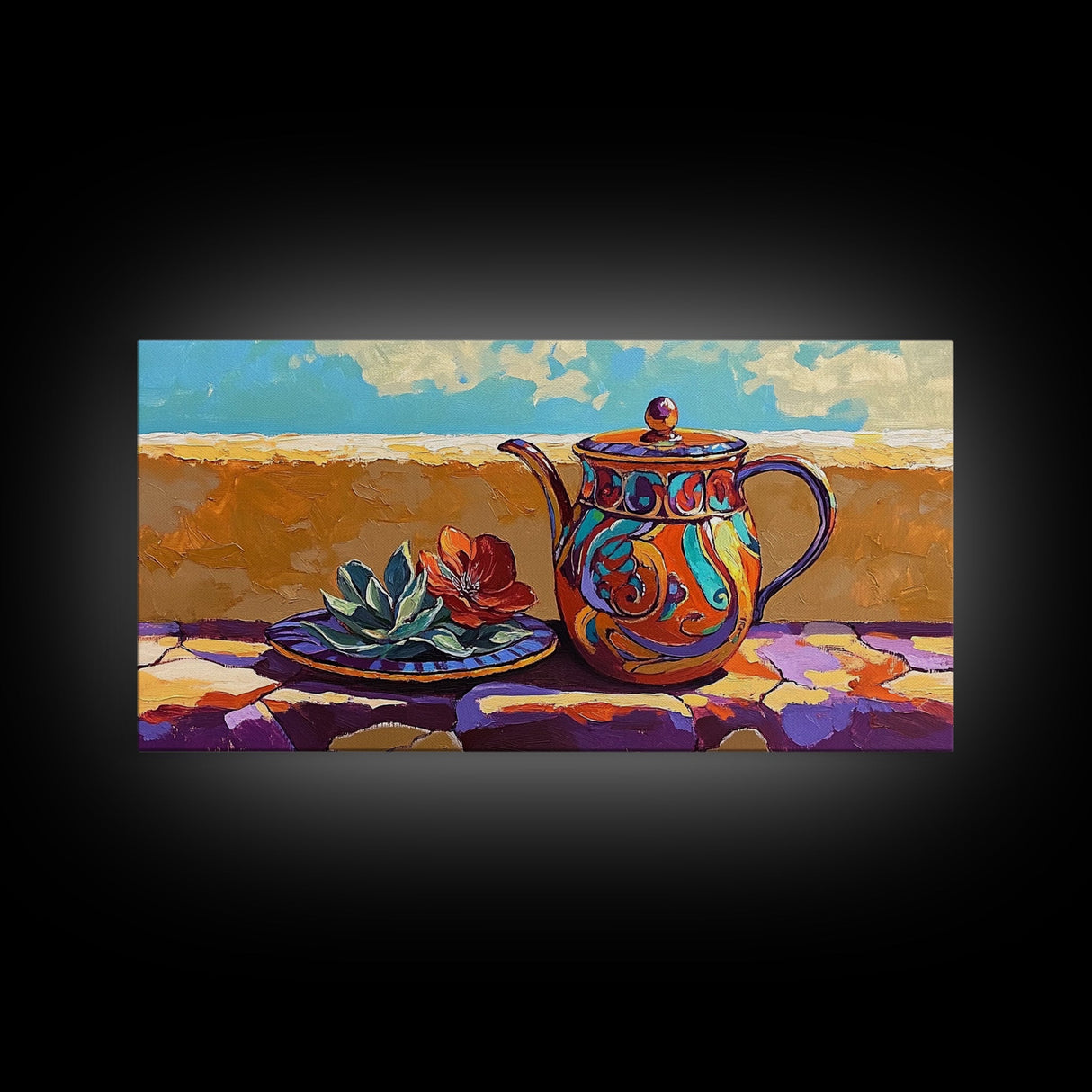 Teapot Patio, Desert, Ceramic, Framed Canvas Print, bold desert teapot art, colorful Mexican pottery, sunny outdoor patio wall art