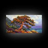 Coastal Tree, Sunset, Ocean, Vibrant tree coastal scene, Canvas Print, Fall Decor, Nature Art, Living Room Wall Art, Earthy Tones