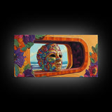 Mask, Window, Flowers, Coastal, Vibrant mask ocean view, Framed Canvas Print, Fiesta Art, Colorful Mexican Decor, Dining Room Wall Art