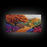 Tree Autumn, Hillside, Fields, Autumn hillside landscape, Framed Canvas Print, Fall Decor, Nature Inspired Wall Art, Living Room Art