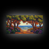 Beach Trees, Tunnel, Ocean, Sunset beach tunnel view, Framed Canvas Print, Coastal Boho Decor, Romantic Seaside Wall Art