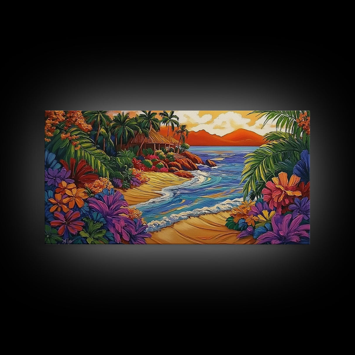 Tropical, Beach, Sunset, Palm, Vibrant tropical beach art, Canvas Print, Island Paradise Decor, Vacation Vibes, Living Room Art