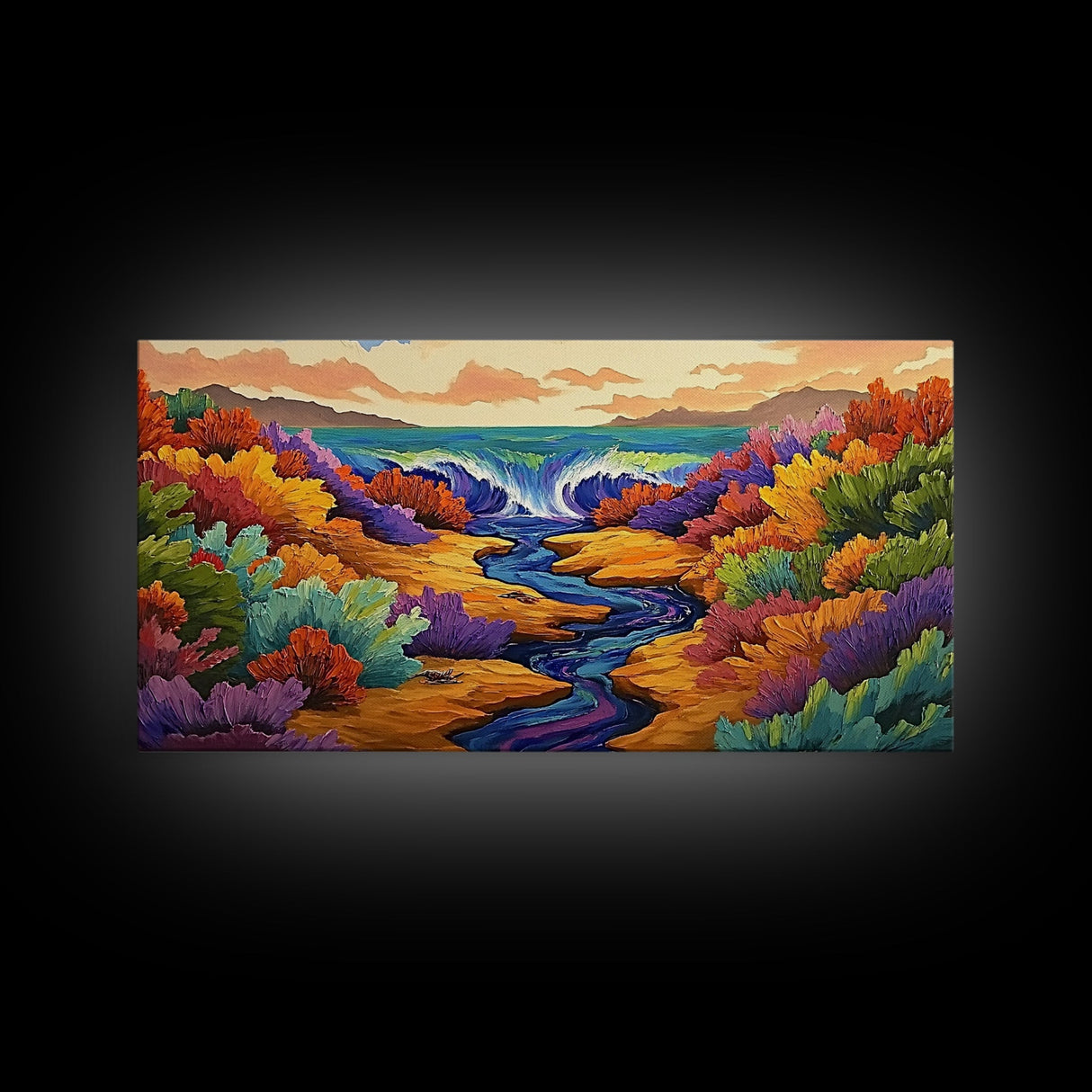 Waterfall, Canyon, Nature, Ocean, Framed Canvas Print, Boho wall art, nature landscape art, vibrant waterfall decor, bathroom wall art