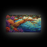 Tree, Ocean, Cliffside, Wildflowers, Framed Canvas Print, Vibrant ocean view, coastal tree decor, autumn style living room wall art