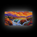 Sunset, Waterfall, Mountains, Autumn, Framed Canvas Print, Mountain sunset wall decor, autumn river art, rustic boho living room art