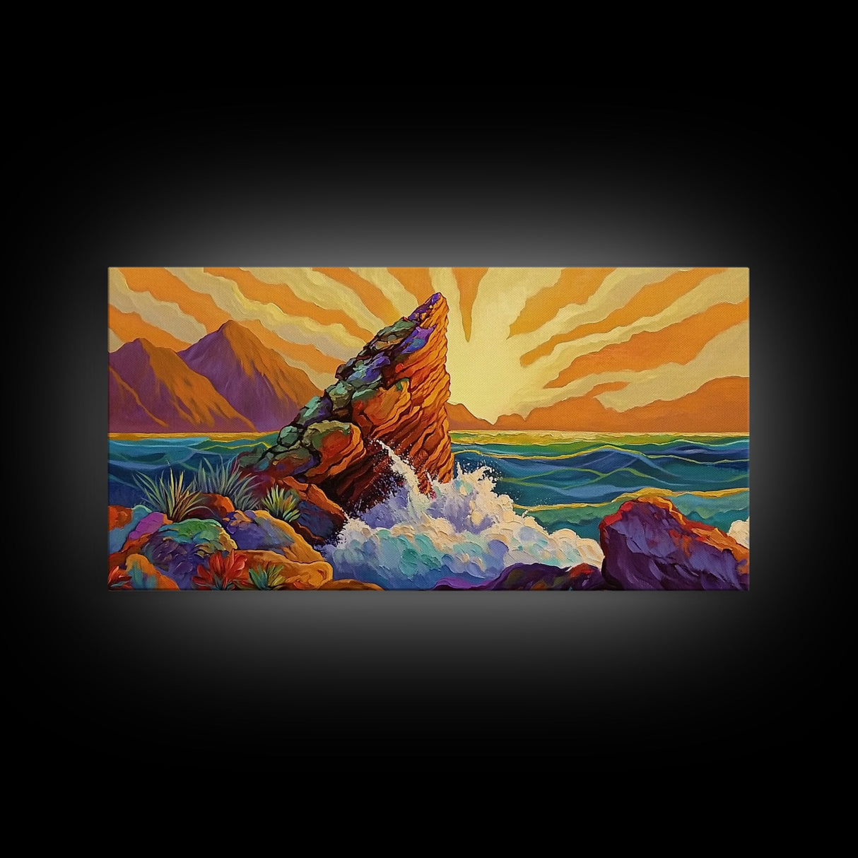 Sunrise, Waves, Rocks, Ocean, Canvas Print, Sunrise coastal print, ocean splash wall art, spiritual sunburst decor, beach home accent