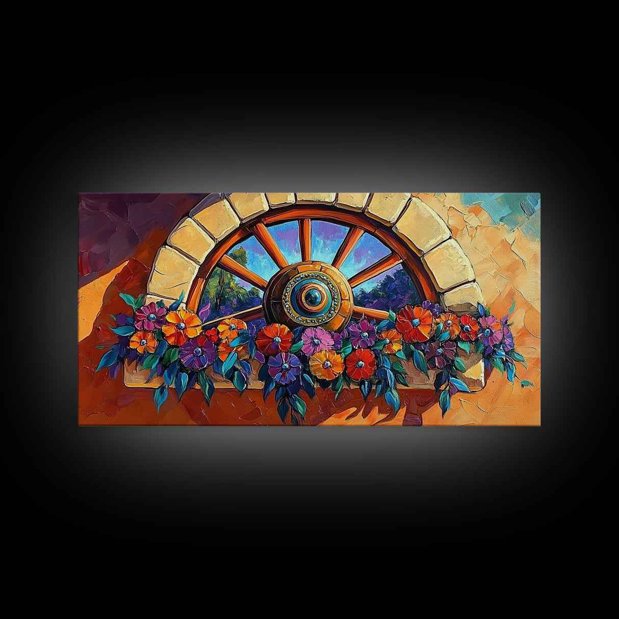 Rustic Floral, Window, Art, Framed Canvas, Print Mexican flower wagon wheel wall art, vibrant southwestern decor, boho patio print