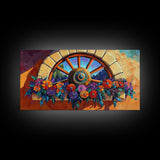 Rustic Floral, Window, Art, Framed Canvas, Print Mexican flower wagon wheel wall art, vibrant southwestern decor, boho patio print