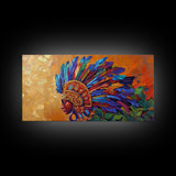 Aztec Warrior, Headpiece, Art, Framed Canvas Print, Indigenous feather headdress wall decor, bold bohemian accent, office statement