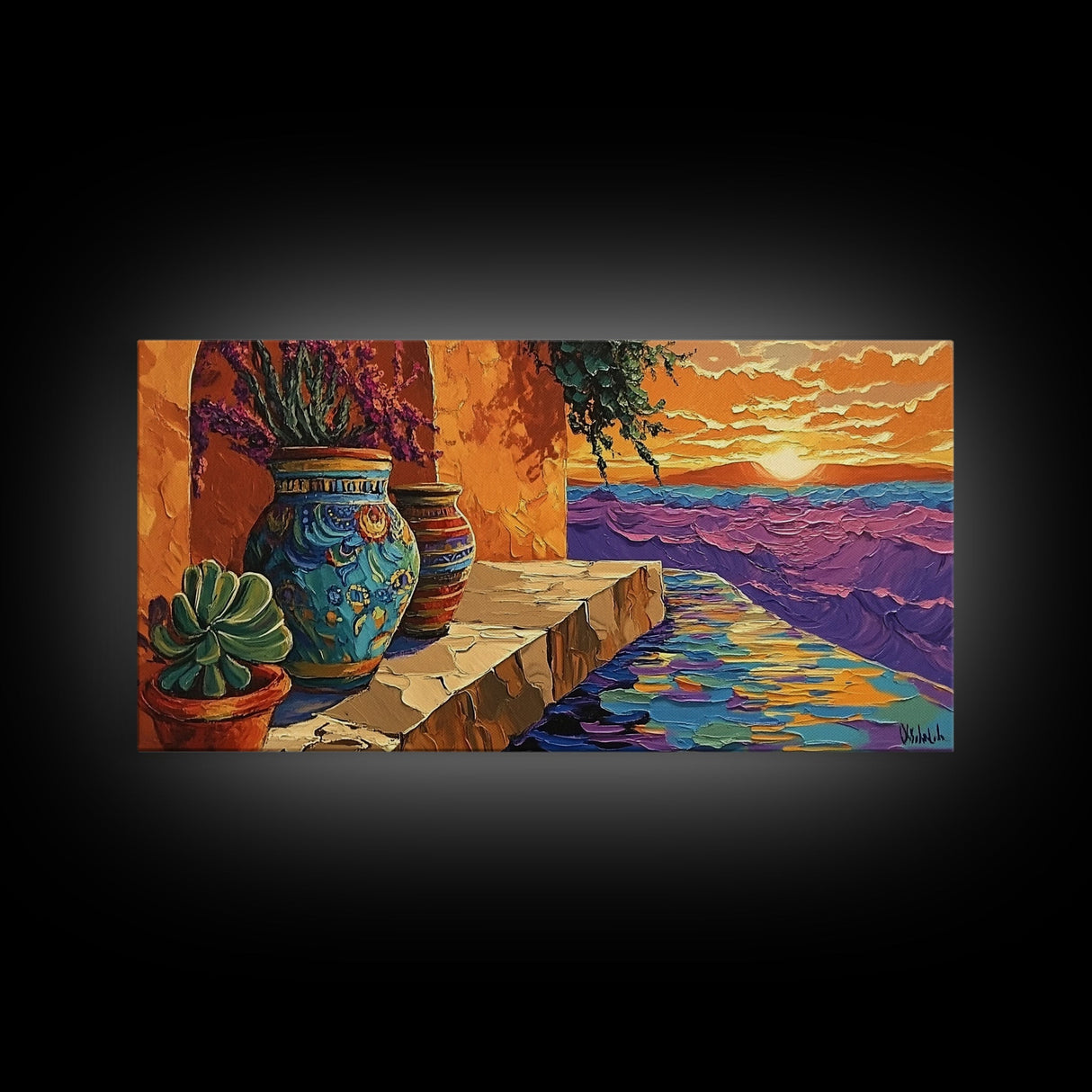 Sunset Terracotta, Patio, Art, Framed Canvas Print, Colorful Mexican pottery scene, vibrant tropical wall art, boho entryway decor