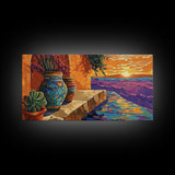 Sunset Terracotta, Patio, Art, Framed Canvas Print, Colorful Mexican pottery scene, vibrant tropical wall art, boho entryway decor