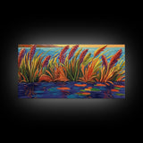 Autumn Lakeside, Grasses, Art, Framed Canvas Print, Fall coastal reed painting, rustic harvest decor, nature print, living room wall